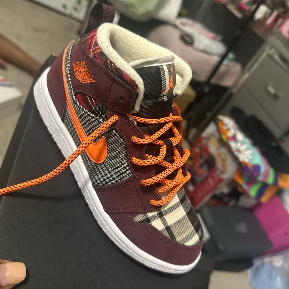 Jordan 1 Mid Kids Sneakers in Plaid and Orange